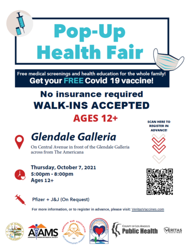Health Fair Flyer: "Pop Up Health Fair. No Insurance Required. Walk-ins accepted ages 12 and up in front of the Galleria on 10/7 from 5-8pm"