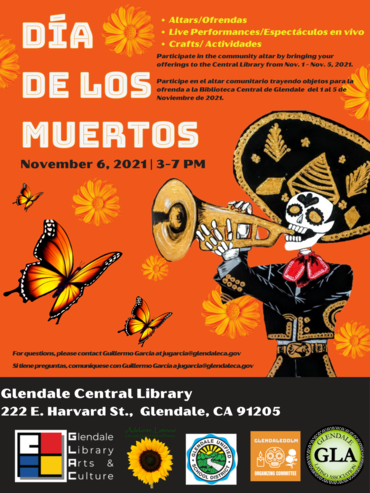Dia de los Muertos themed flyer with a skeleton playing the trumpet. Orange flyer with black and yellow accents. three butterflies