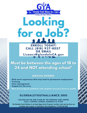 EIP Flyer: White background with blue accents; text: "Looking for a job? Glendaleyouthalliance.org"