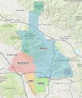 A Map of the City of Glendale separated into four areas; blue covered by Athens, red by Southland; orange by WRT; and green by NASA