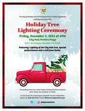 Holiday Tree Lighting Ceremony Flyer with a red pick up truck. Holiday tree dies to the back of the truck
