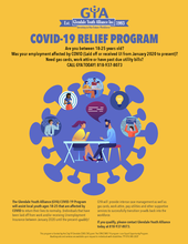 Yellow GYA COVID-19 Relief Program flyer with a purple virus