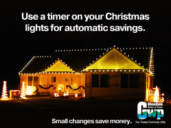 A single-story house glowing with holiday lights, Text: "Use a timer on your Christmas lights for automatic savings. Small changes save money"