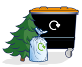 a recycle bind with a Christmas tree and a white sack leaving against it