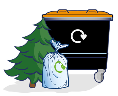 a recycle bind with a Christmas tree and a white sack leaving against it