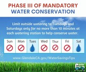Calendar-styled chart showing days of the week that you can and cannot water, Text "Phase III of Mandatory Water Conservation"