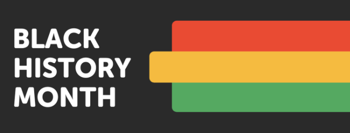 Black Background with red, gold, and green stripes; Text "Black History Month" 