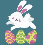 blue background with a white bunny jumping over three decorated eggs