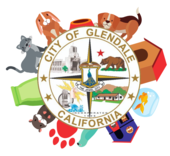 Glendale City Seal surrounded by pets including a rabbit, cat and dog, and dog house, bowls