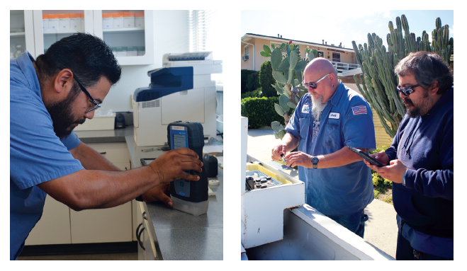 Two side by side photos: 1st- male looking at a measuring device; 2nd two men working with equipment 