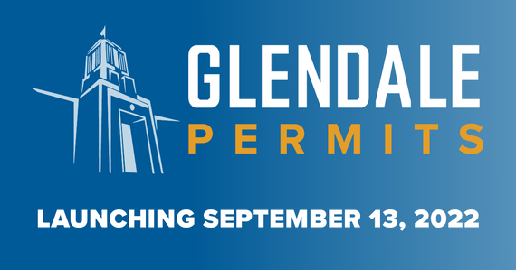 Silhouette of Glendale City Hall, blue background, Text: "GlendalePermits Launching September 13, 2022"