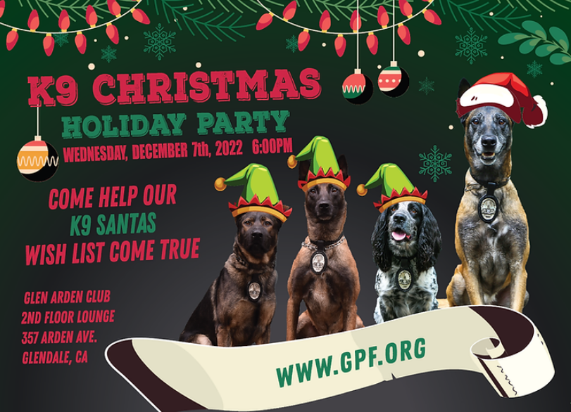 Glendale K9 Christmas Holiday Party on Wednesday, December 7 at 6pm at Glen Arden Club; 4 K9s wearing holiday hats