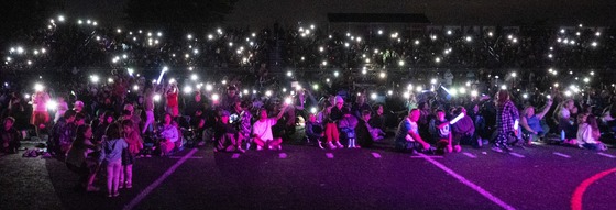 Crowd with cell phone lights on before drone show begins