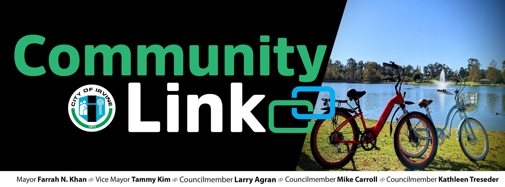 Community Link Header with an image of bicycles next to a lake
