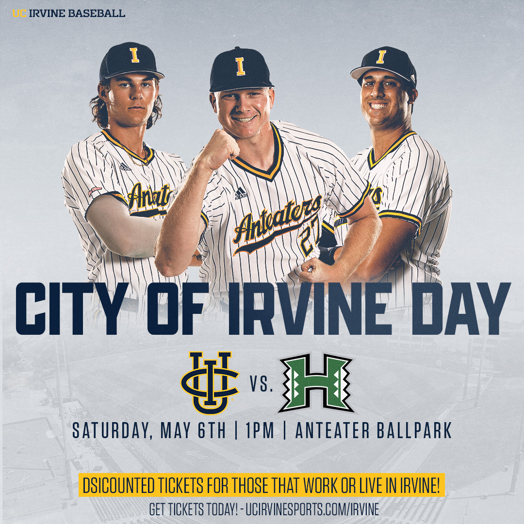 3 UCI baseball players with text that reads City of Irvine Day