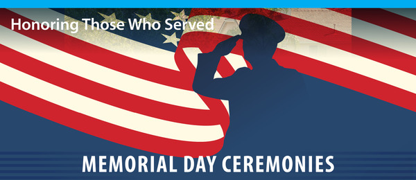memorial day ceremonies graphic with American flag and saluting solider