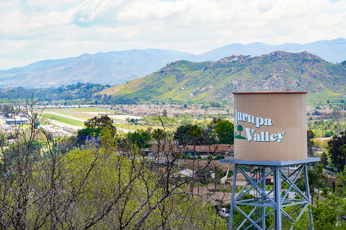 Jurupa Valley water tower overlooking Flabob Airport