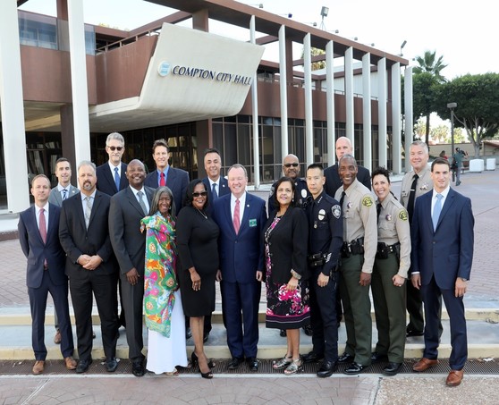 Group photo in front of Compton City Hall