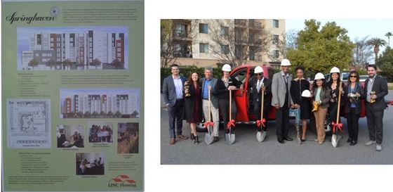 Flyer and photo of group of people with shovels and helmets