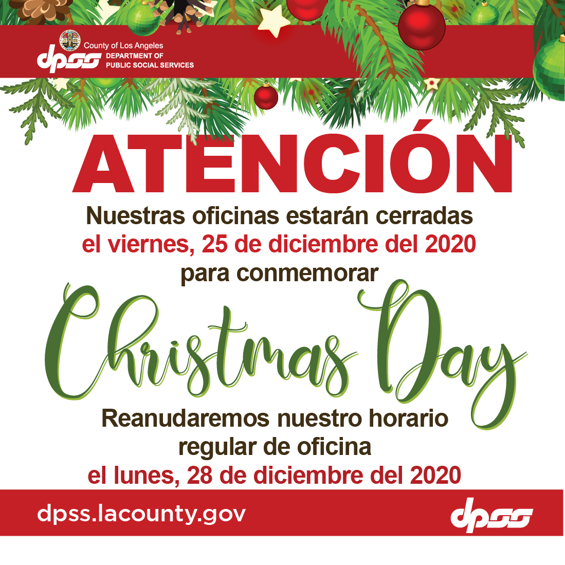 DPSS offices closed on Christmas Spanish