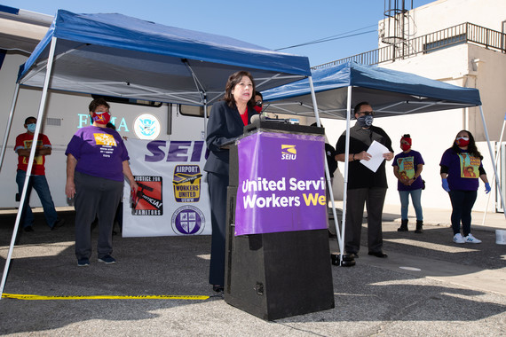 Supervisor Solis giving remarks at the SEUI-USWW mobile vaccination site