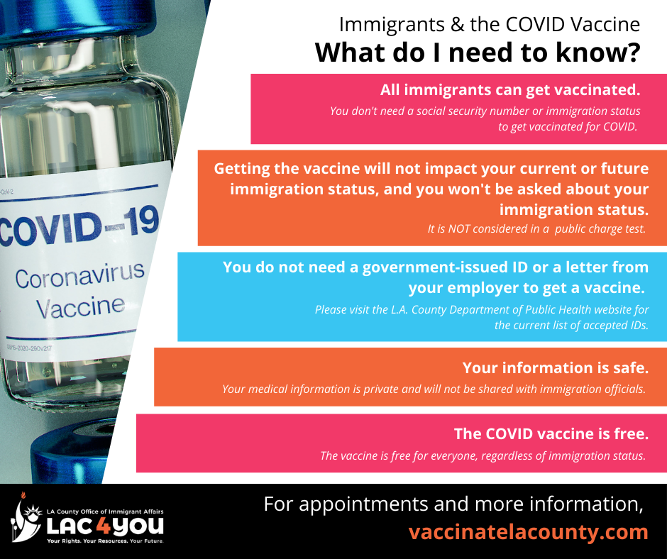 OIA Vaccine flyer - all immigrants are eligible for the free COVID vaccine.