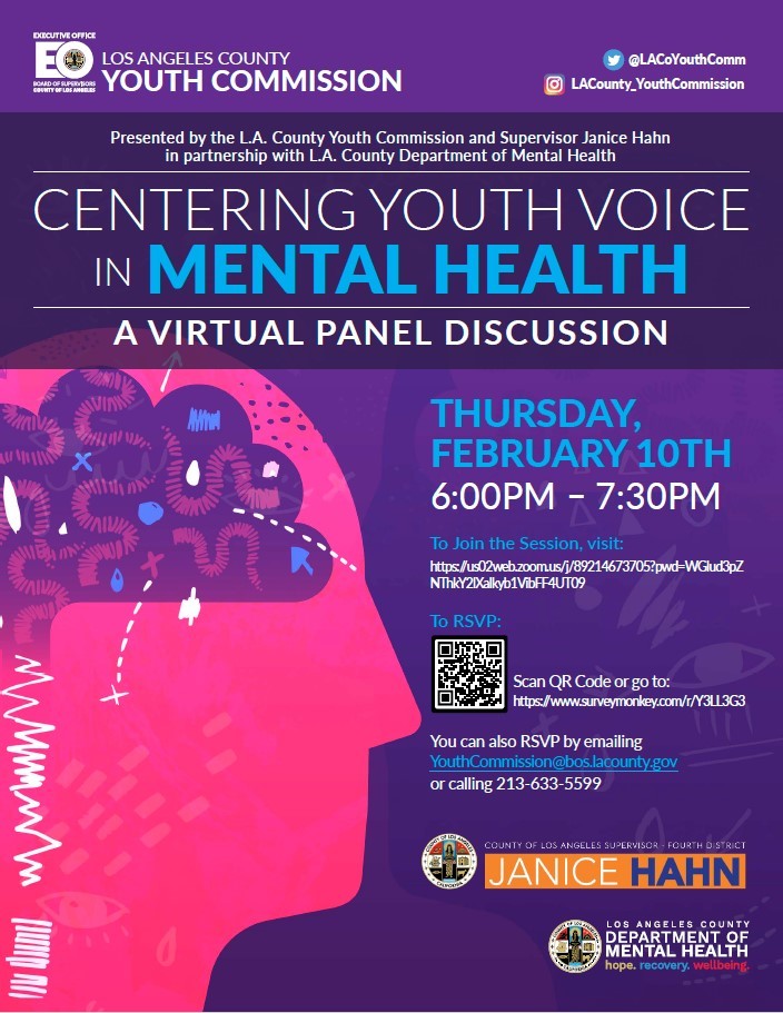 SUPERVISOR JANICE HAHN AND YOUTH COMMISSION TO HOST VIRTUAL DISCUSSION ON MENTAL HEALTH