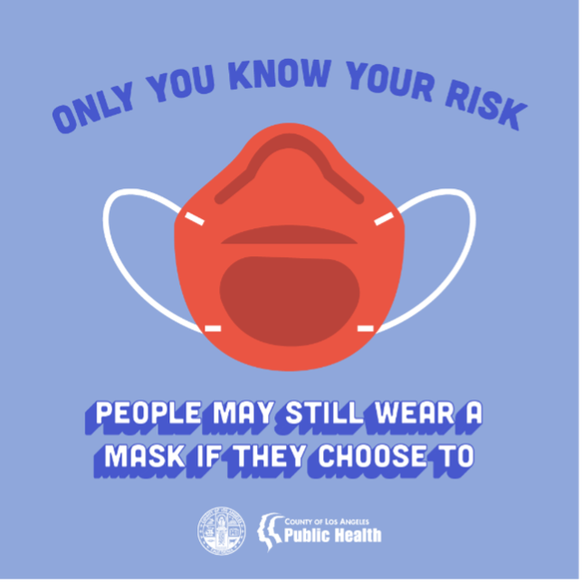 Picture of medical mask with words 'only you know your risk. people may still wear a mask if they choose to.'