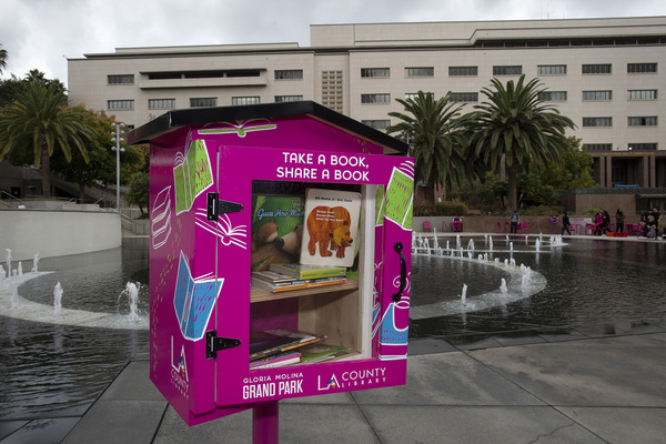 Photo of Pink Little Library filled with books in front of Grand Park Fountain