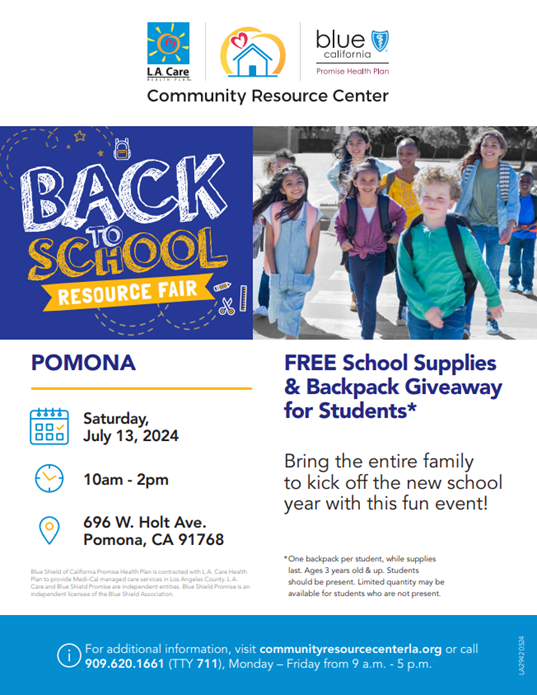 FREE SCHOOL SUPPLIES & BACKPACK GIVEAWAY AT THE POMONA RESOURCE CENTER