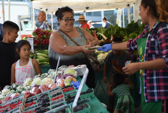 Woman paying at farmers market