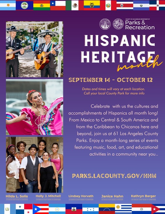 Hispanic Heritage Month flyer with images on the left from top to bottom of Mariachi group, folkloric dancers, and group of people standing together