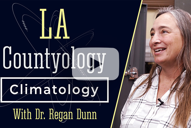 Text on left side of banner saying "LA Countyology with Dr. Regan Dunn" and on the right image of female smiling