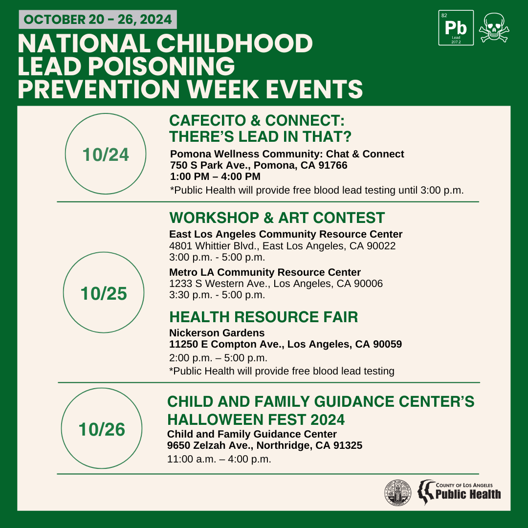 Green flyer with list of events happening October 24th through October 26th for National Childhood Lead Poisoning Prevention week