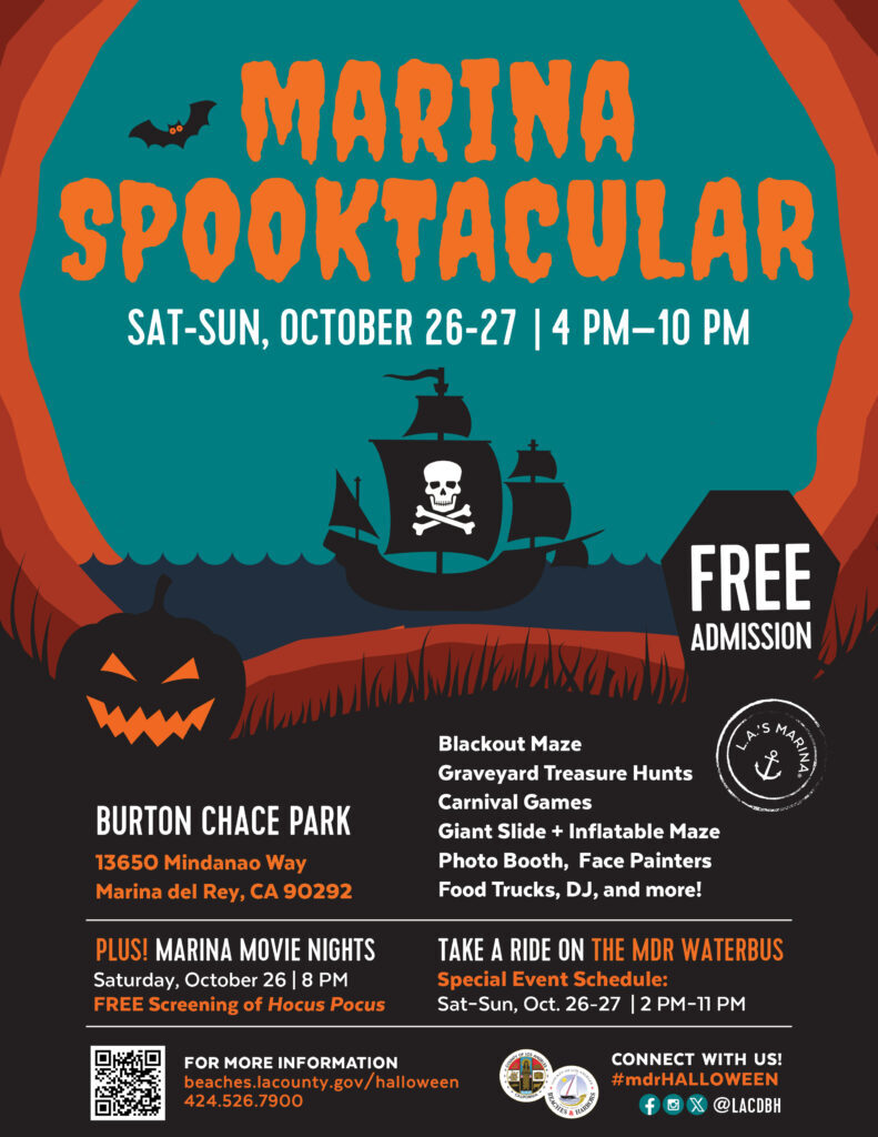 Pumpkin with orange smile and eyes, a pirate ship, tombstone and Marina Spooktacular Event information on flyer