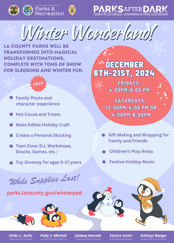 Purple Winter Wonderland flyer with information and penguins playing in the snow