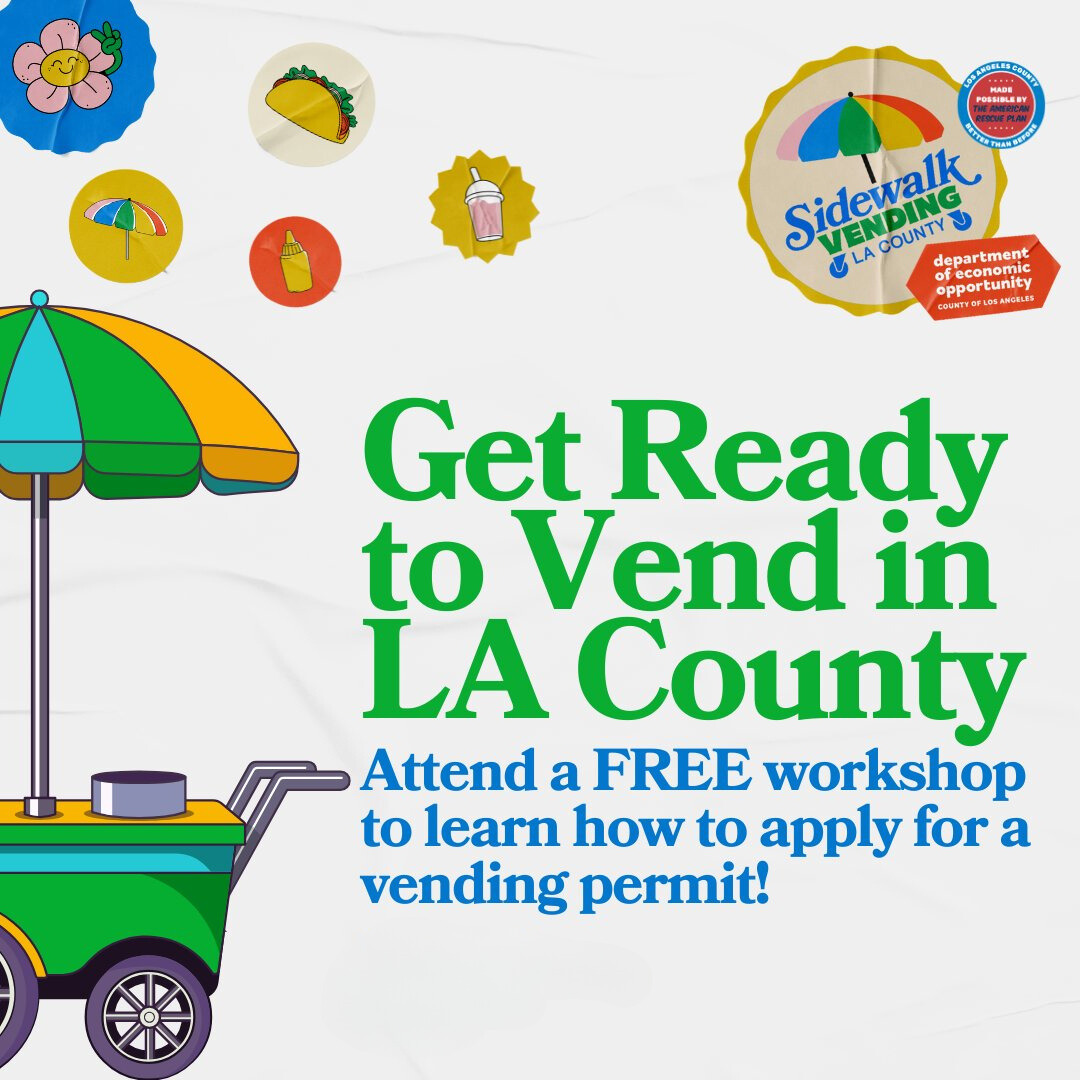 Green food vending cart with umbrella that is green and yellow, bubbles with a taco, flower, umbrella, cups and text