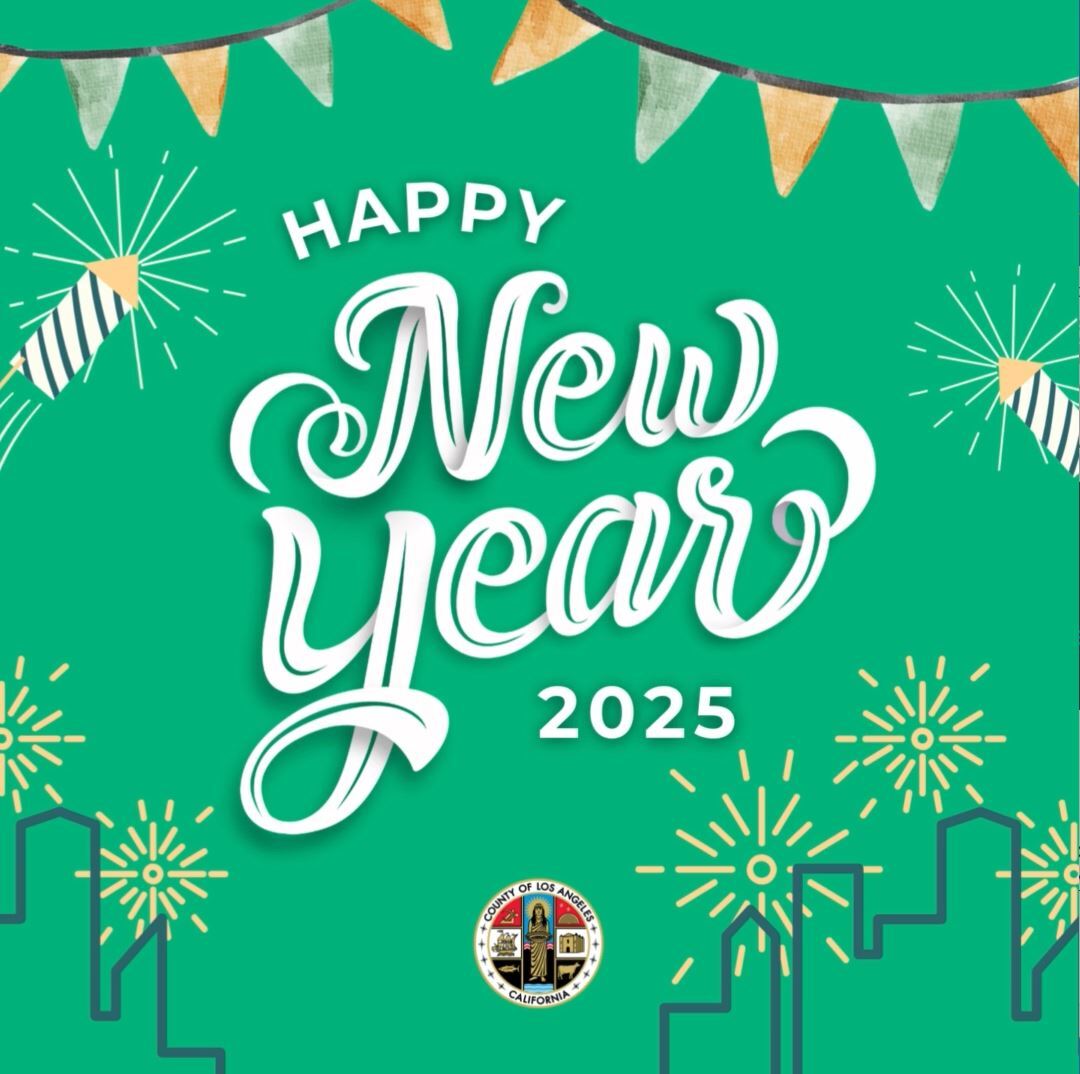 Gold and green triangle flags hanging from string, fireworks, building tracing and text on "Happy New Year 2025" graphic with green background