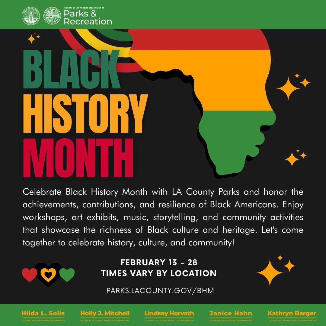 Parks black history month flyer with face that has red, orange and green, hearts at the bottom of flyer and stars with black background