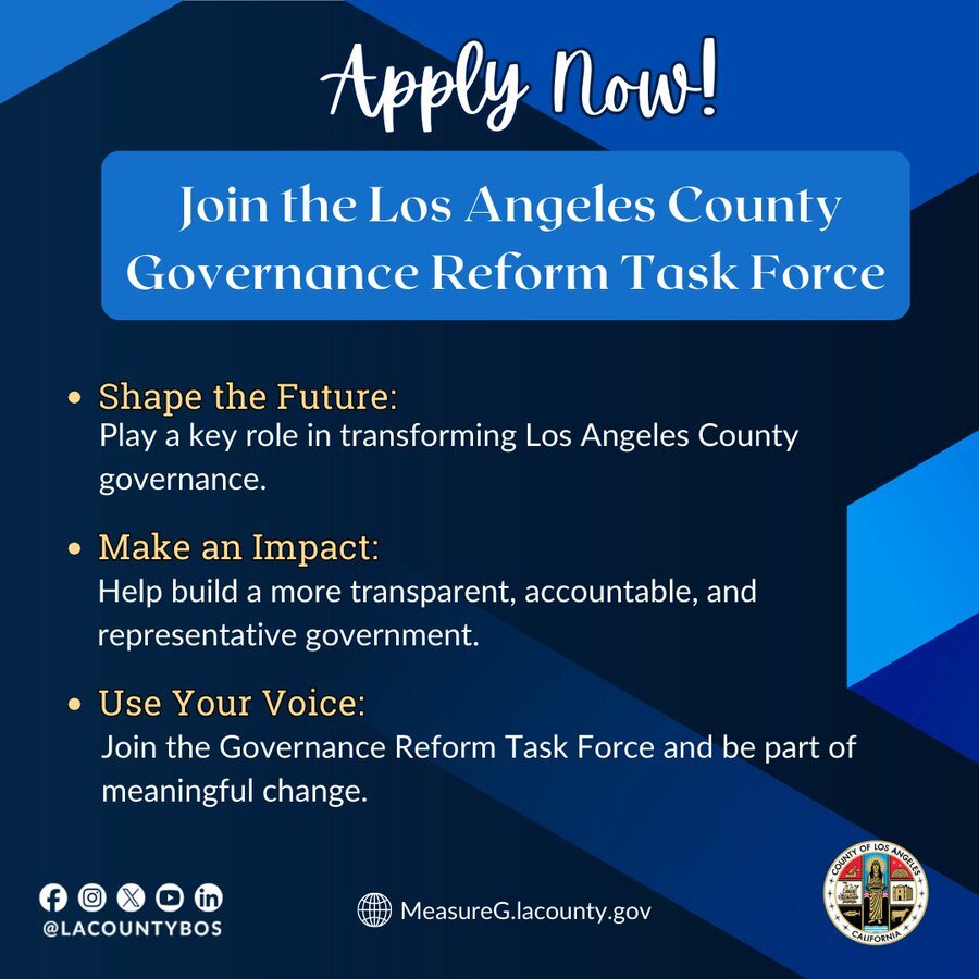 LA County Governance Reform Task Force flyer with blue background with zigzags and County seal