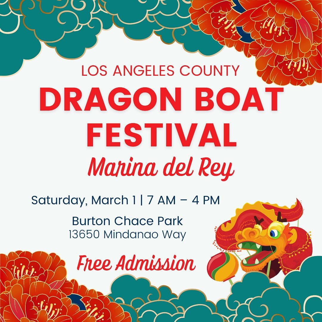 Red dragon with green clouds and orange petals around the Dragon Boat Festival flyer