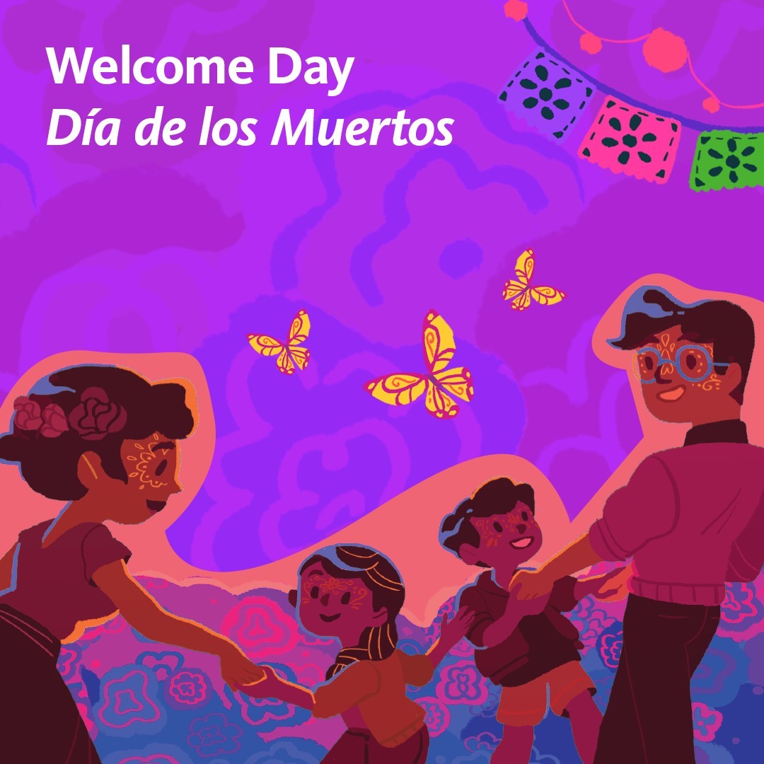 Graphic of illustration of a woman and man holding hands with a boy and girl with their faces painted with butterflies and decorations