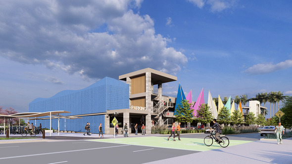 Concept art for parking garage at Lot 4