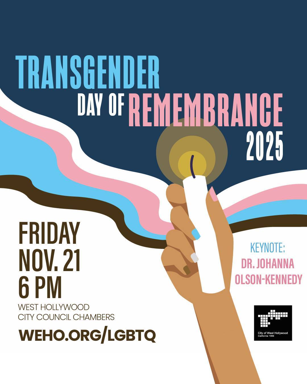 Transgender Day of Remembrance 2025 flyer with hand holding up candle with colorful swirls in the background