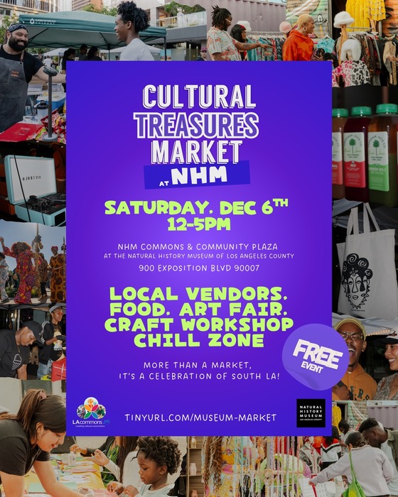 Cultural Treasures Market at NHM flyer with images of people around purple box with text