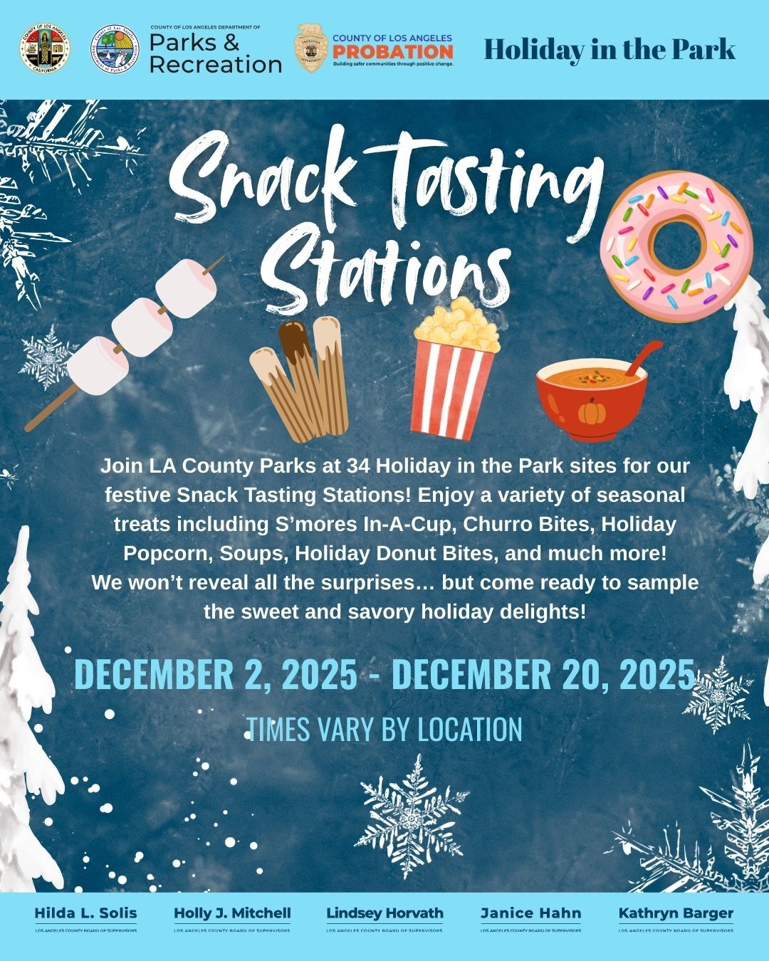 Marshmallows, churros, popcorn, pumpkin soup, donuts, snow flakes, and snow covered trees on blue flyer 