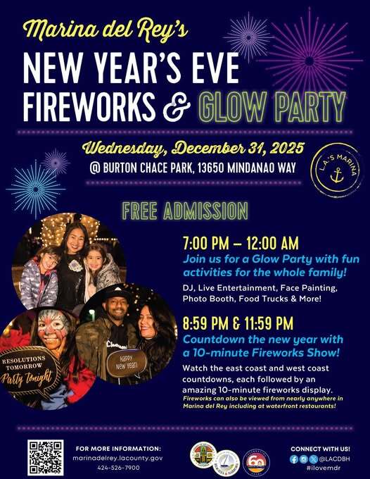 Flyer with firework graphics in the background, images of two kids with woman together, a couple, and a woman with her face painted