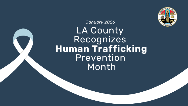 White ribbon, County of Los Angeles seal on Human Trafficking Prevention Month flyer