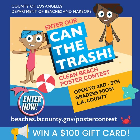 Flyer with graphic of two females in swimsuits, a beach ball, star, grab, sand, and megaphone