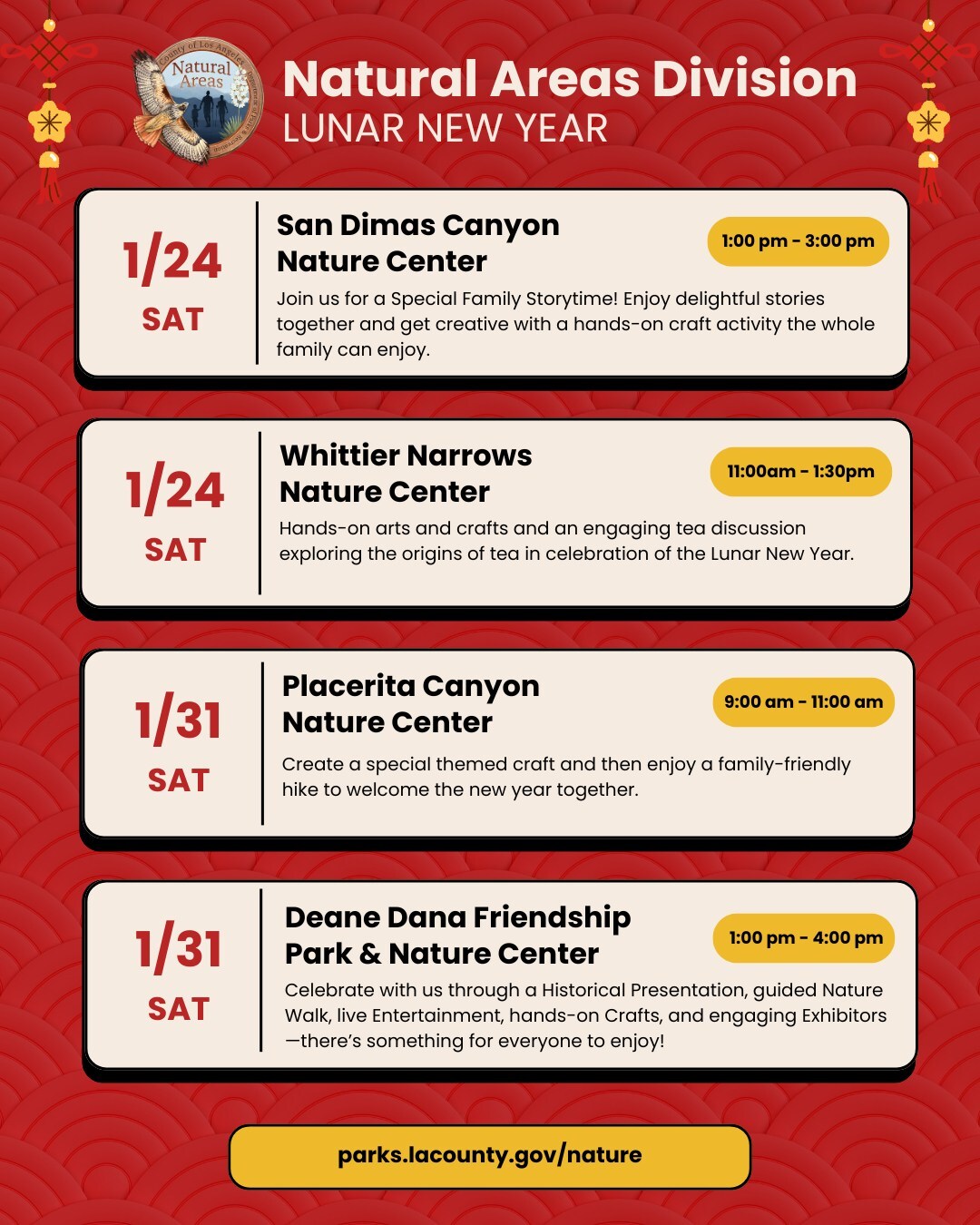 Red flyer with circular lines, Natural Area logo with hawk, mountain, people walking silhouette, yellow star, and strings